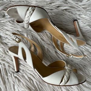 Valentino Garavani White Leather Braided Bow Accents Slingback Heeled Sandals 38